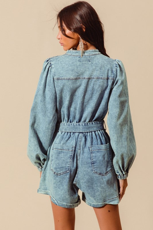 Front Zip Up Washed Denim Romper