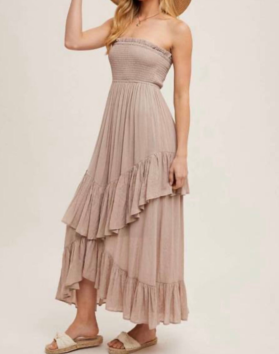 Strapless Tiered Ruffle Midi Dress