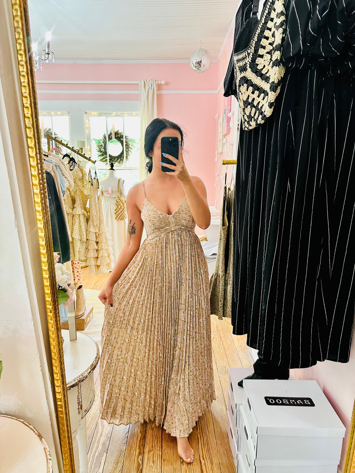 Pleated Floral Maxi Dress