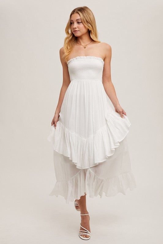 Strapless Tiered Ruffle Midi Dress