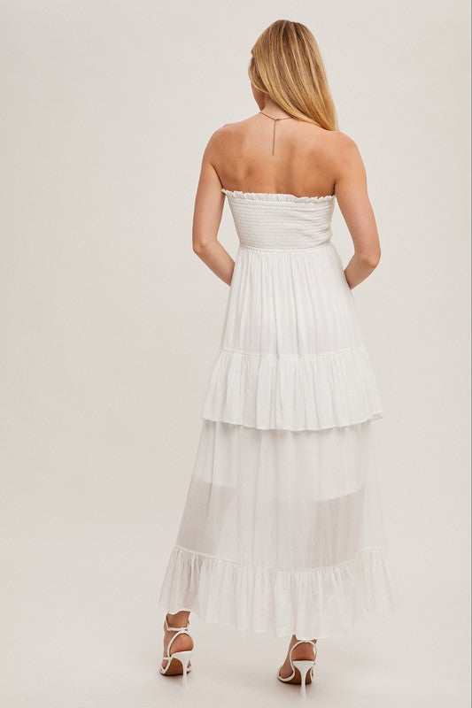 Strapless Tiered Ruffle Midi Dress