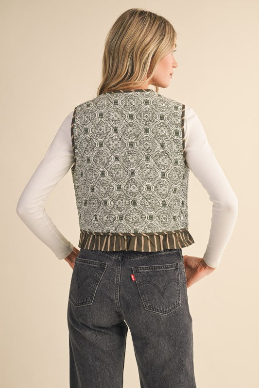 Olive Quilted Print Ruffle Vest