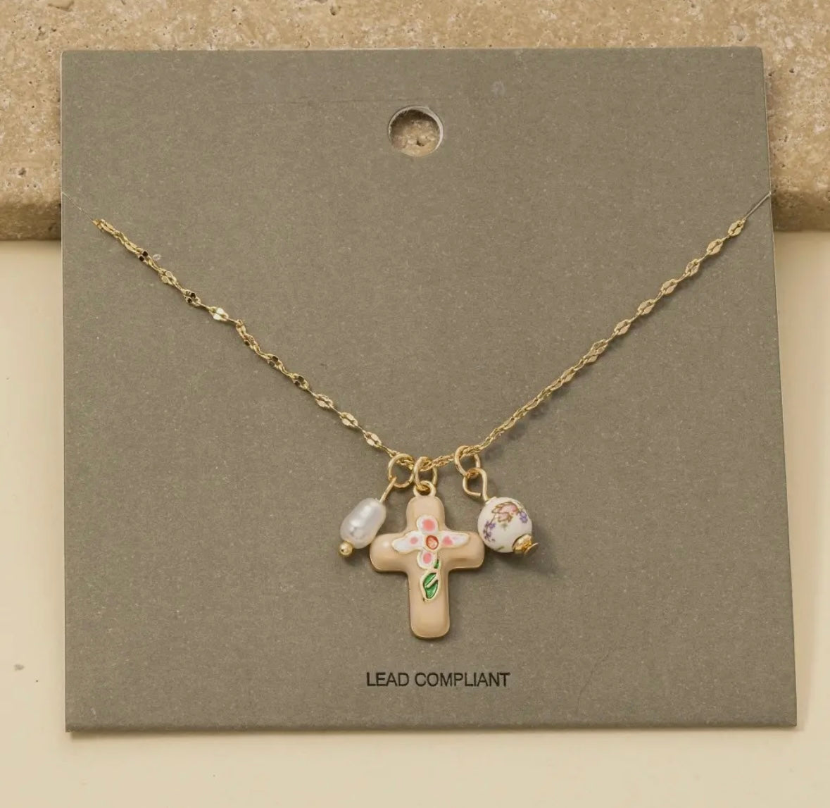 Enamel Cross & Floral Charms Necklace