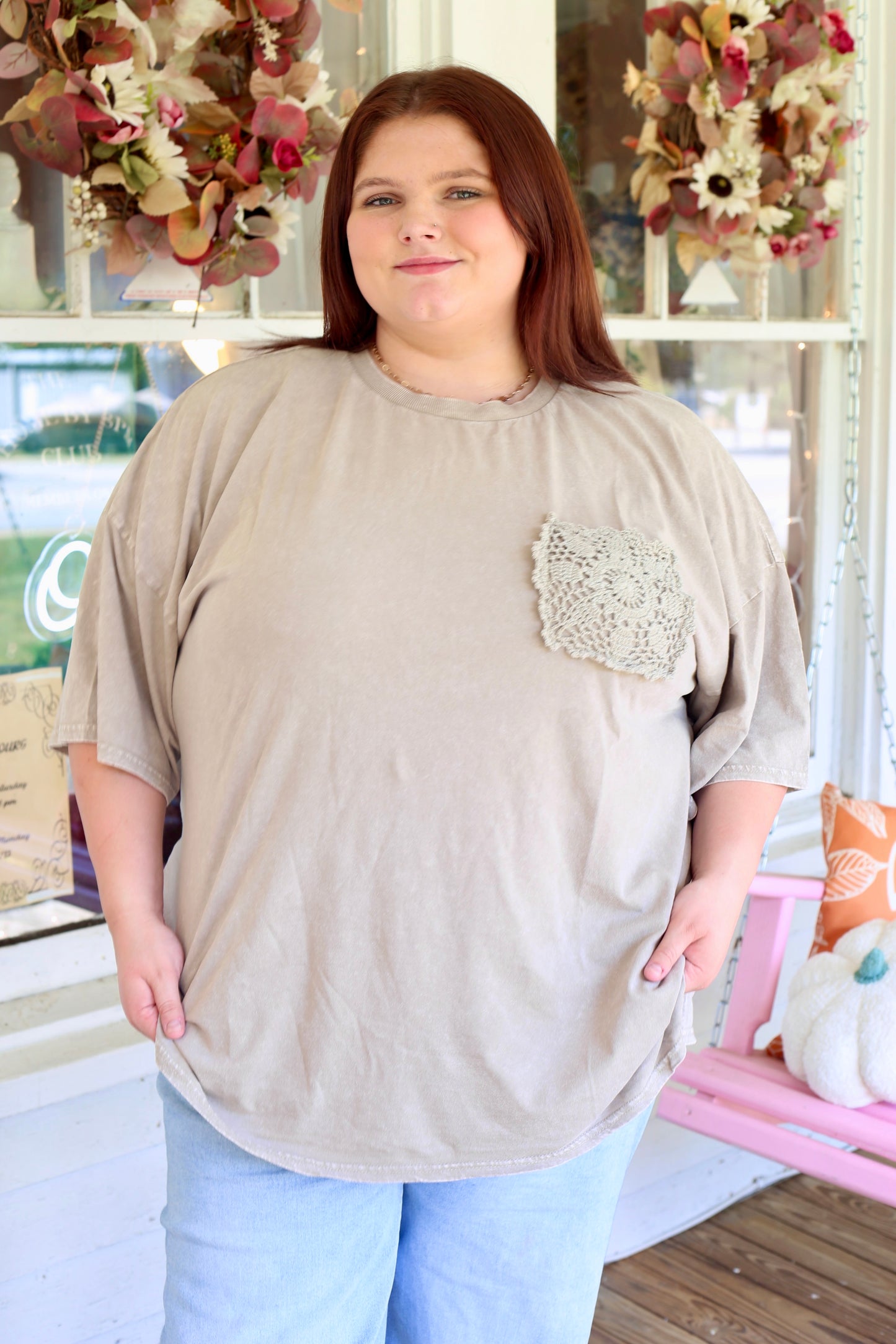 PLUS-Crochet Pocket Mineral Washed Top