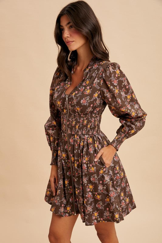 Mocha Mousse Floral Zipper Dress