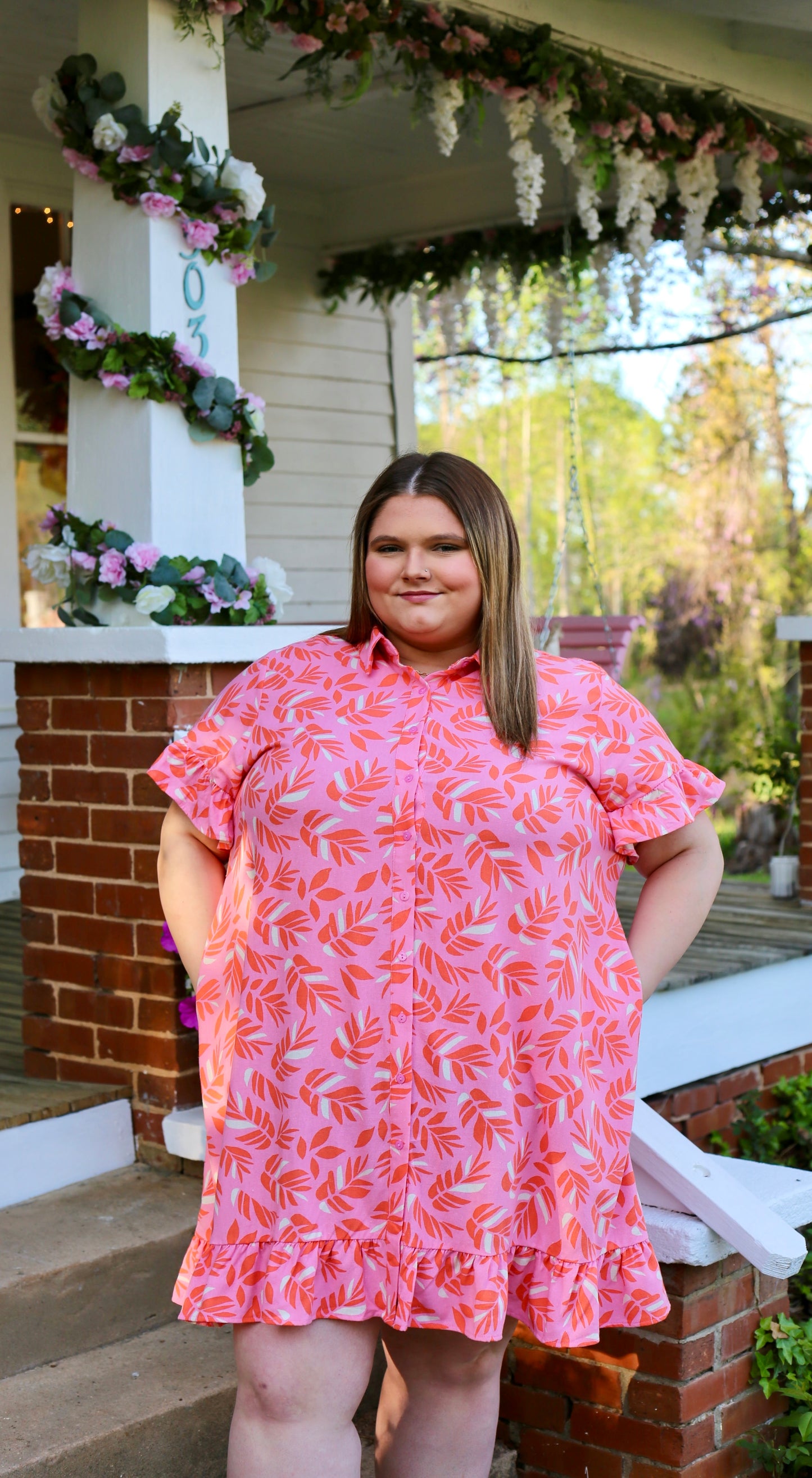 PLUS-Coral Pink Button Down Dress