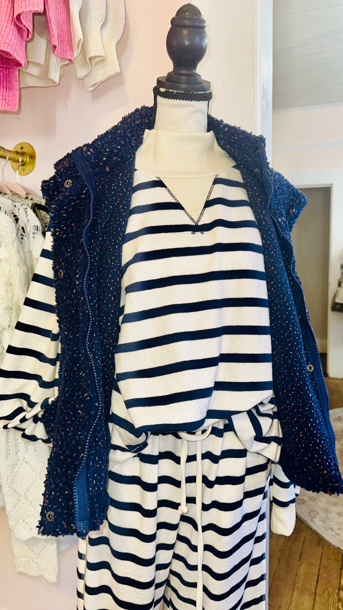 Navy & Cream Striped Mock Neck