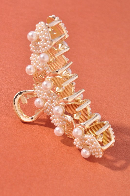 Gold Pearl Heart Claw Clip