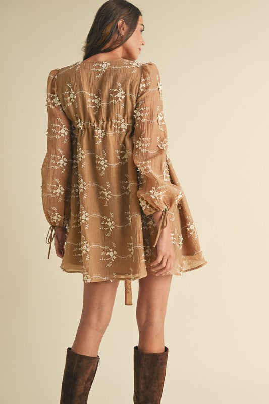 Embroidered Long Sleeve Babydoll Mini Dress