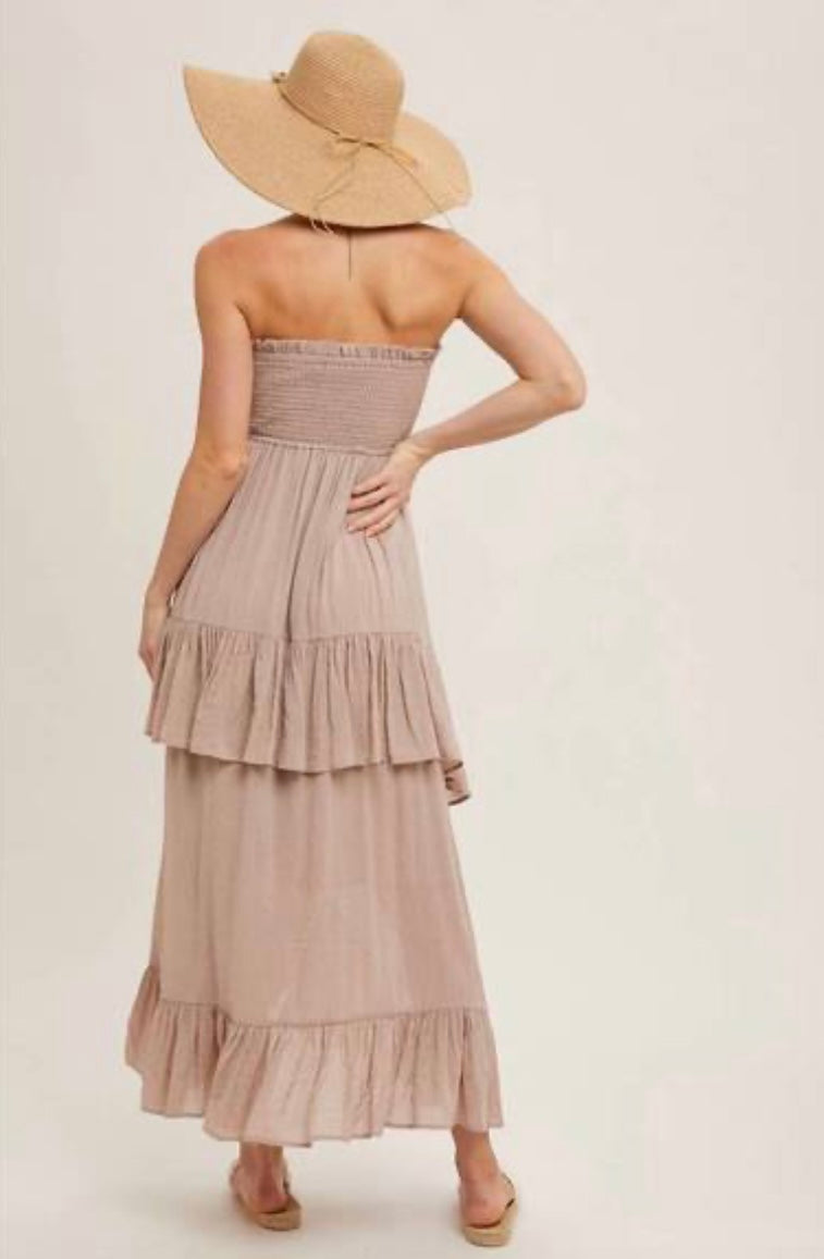 Strapless Tiered Ruffle Midi Dress