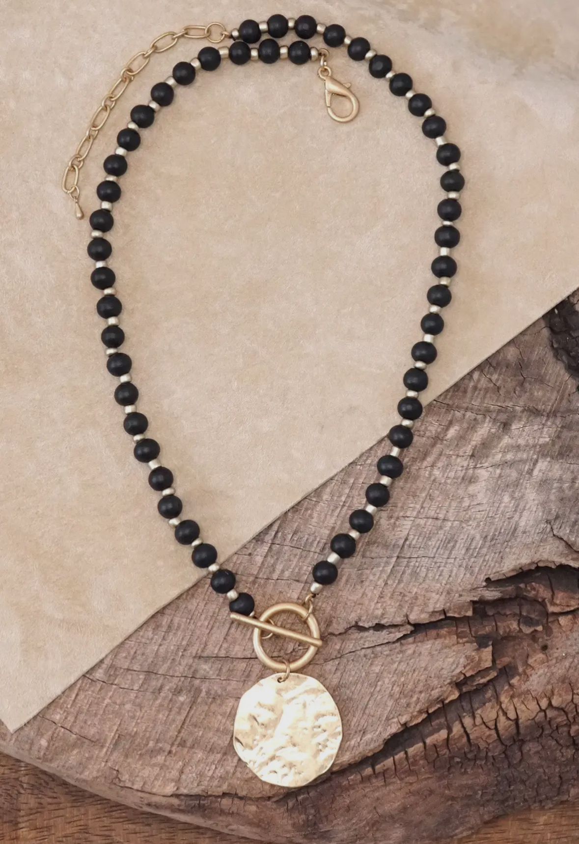 Wooden Bead Coin Necklace