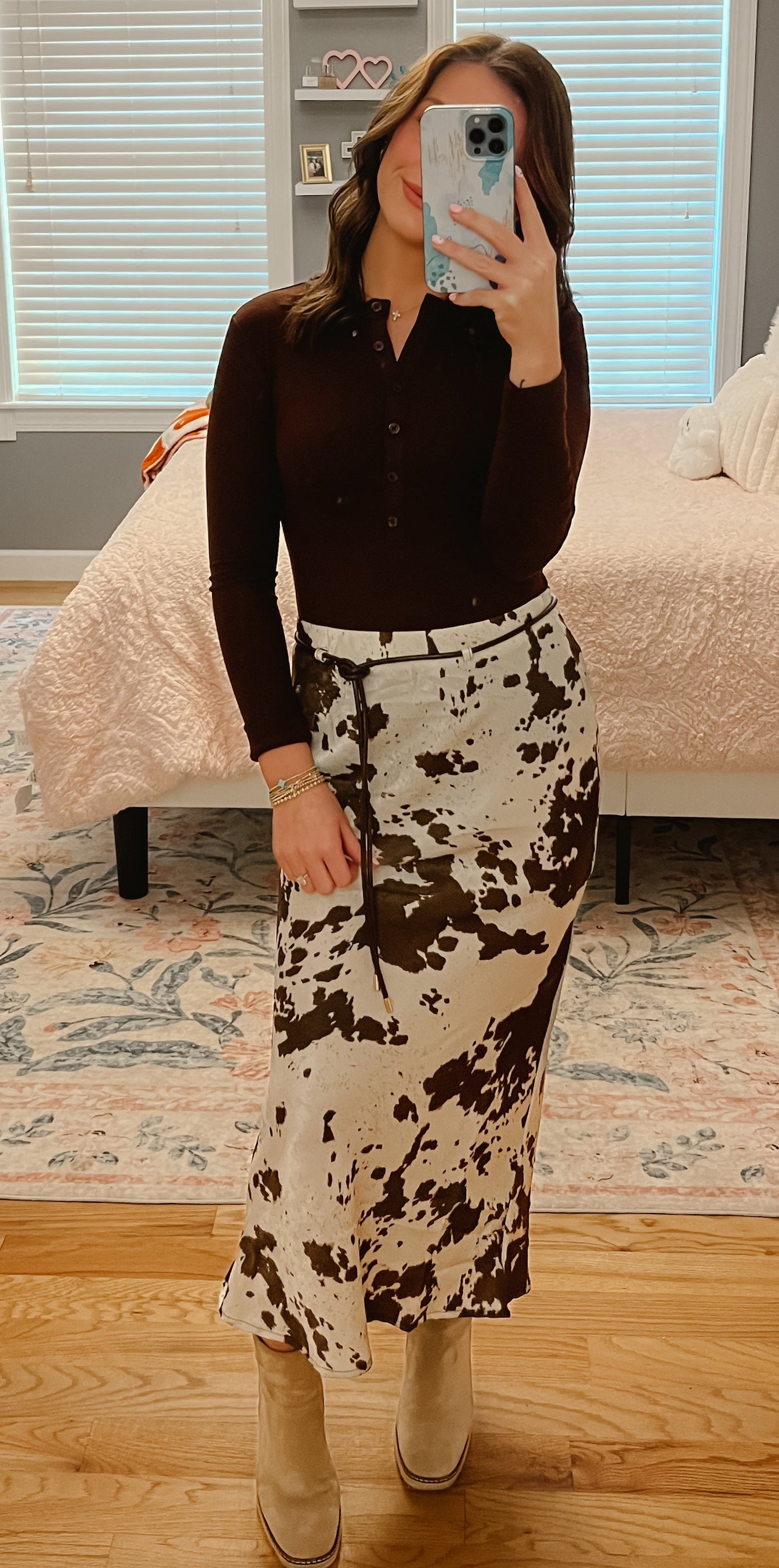 Cow Print Satin Drawstring Midi Skirt