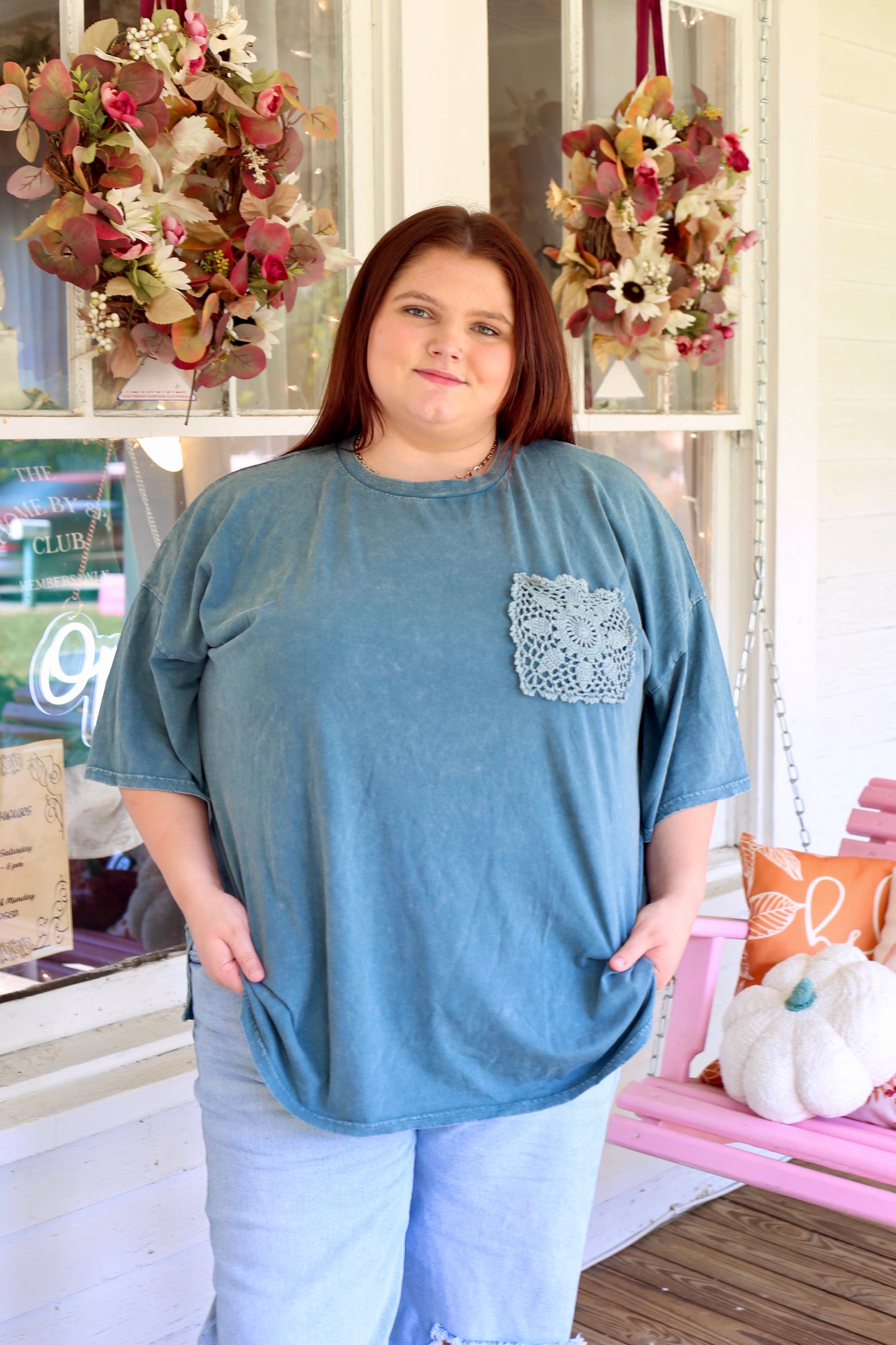 PLUS-Crochet Pocket Mineral Washed Top