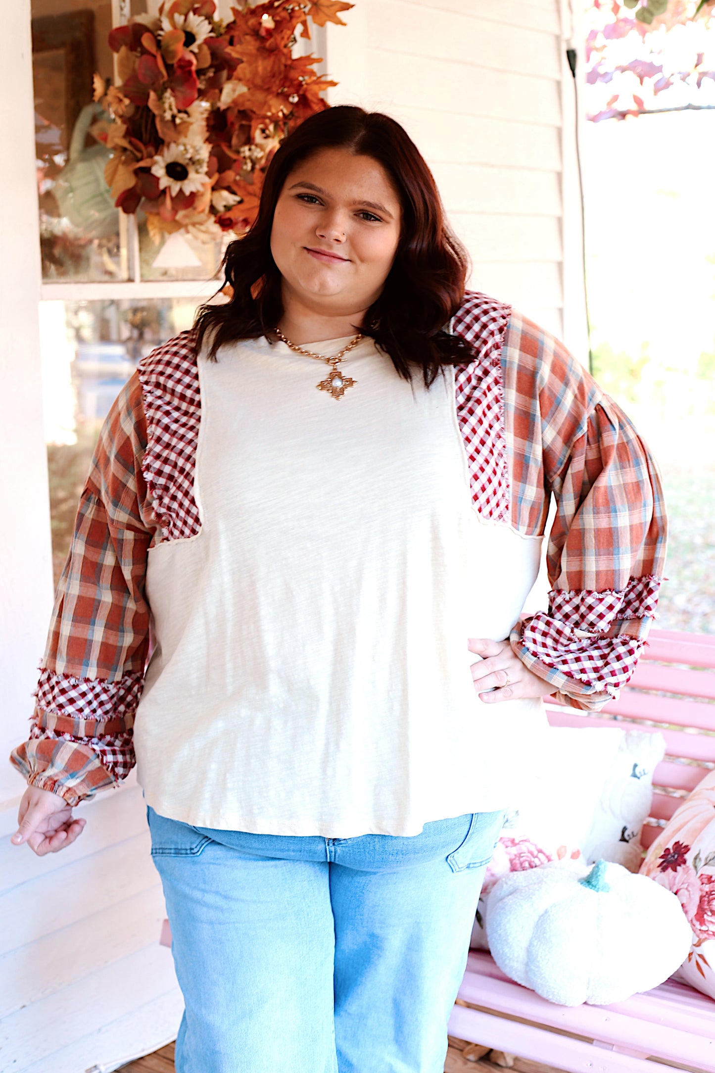PLUS-Mixed Plaid Top