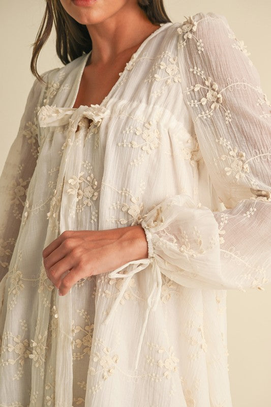 Embroidered Long Sleeve Babydoll Mini Dress