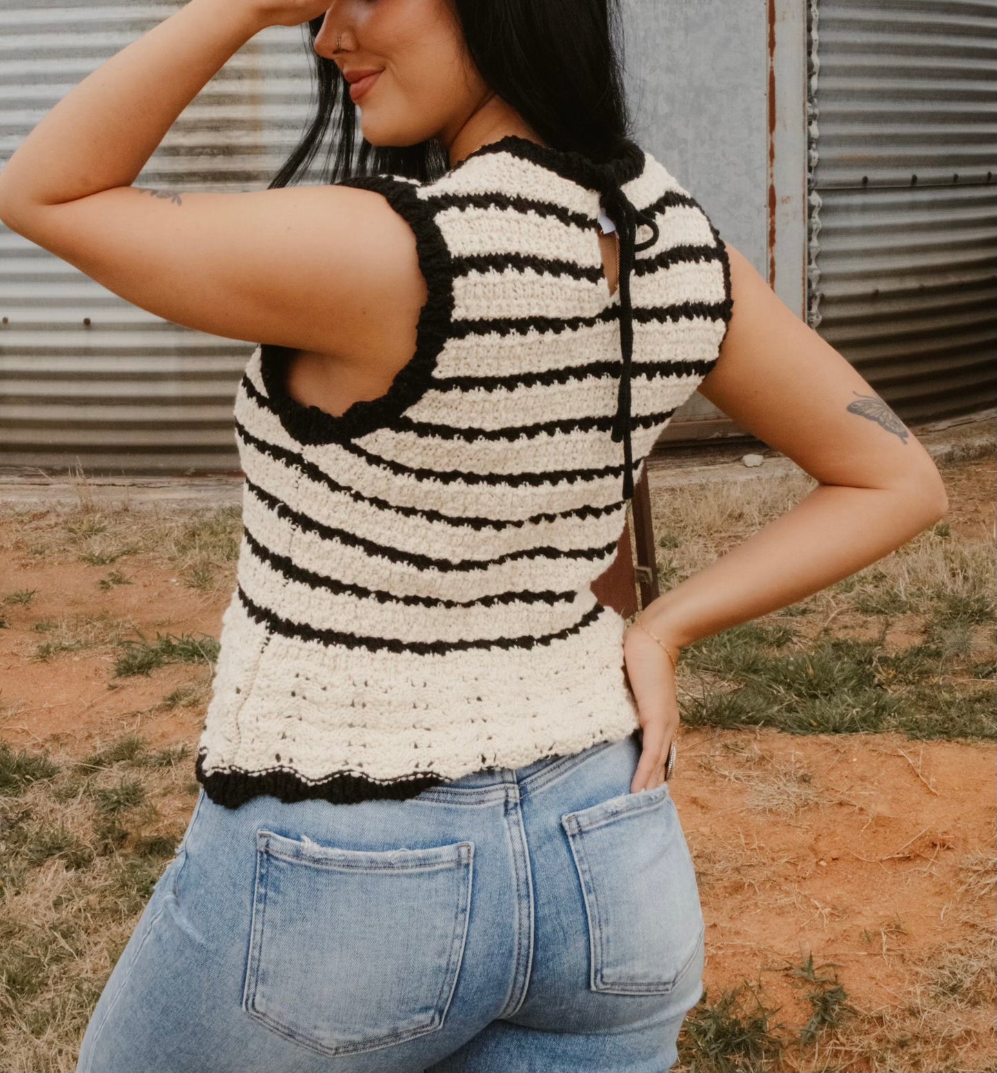 Black Ruffle Sleeve Crochet Top