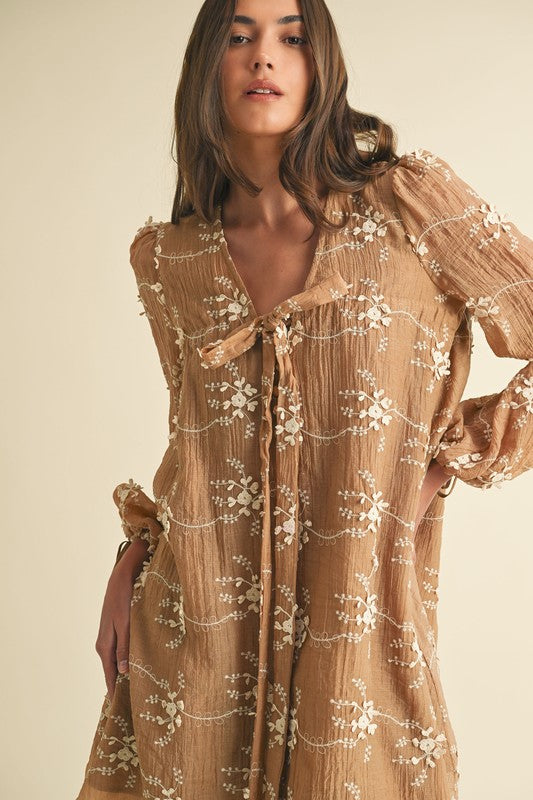 Embroidered Long Sleeve Babydoll Mini Dress