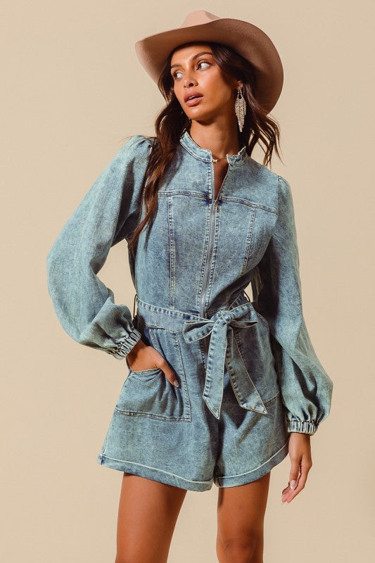 Front Zip Up Washed Denim Romper