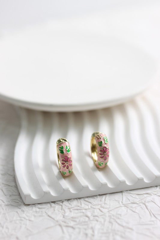 Floral Enamel Huggie Hoop Earrings