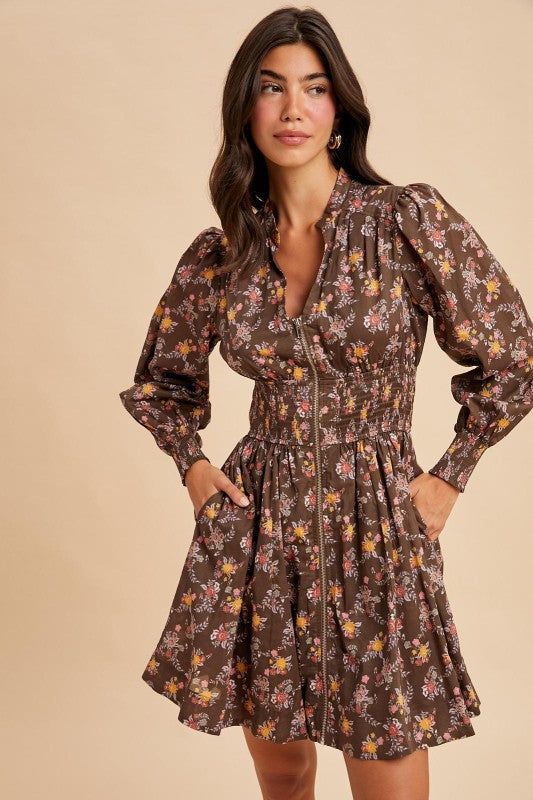 Mocha Mousse Floral Zipper Dress