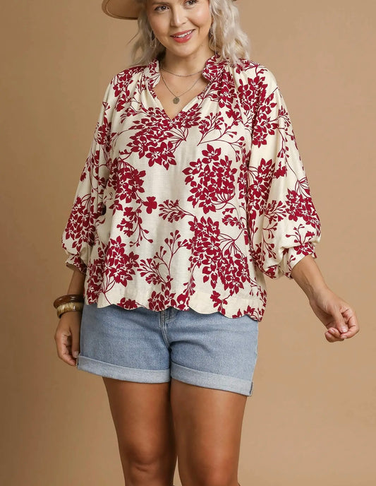 PLUS-Cherry Blossom Printed Blouse