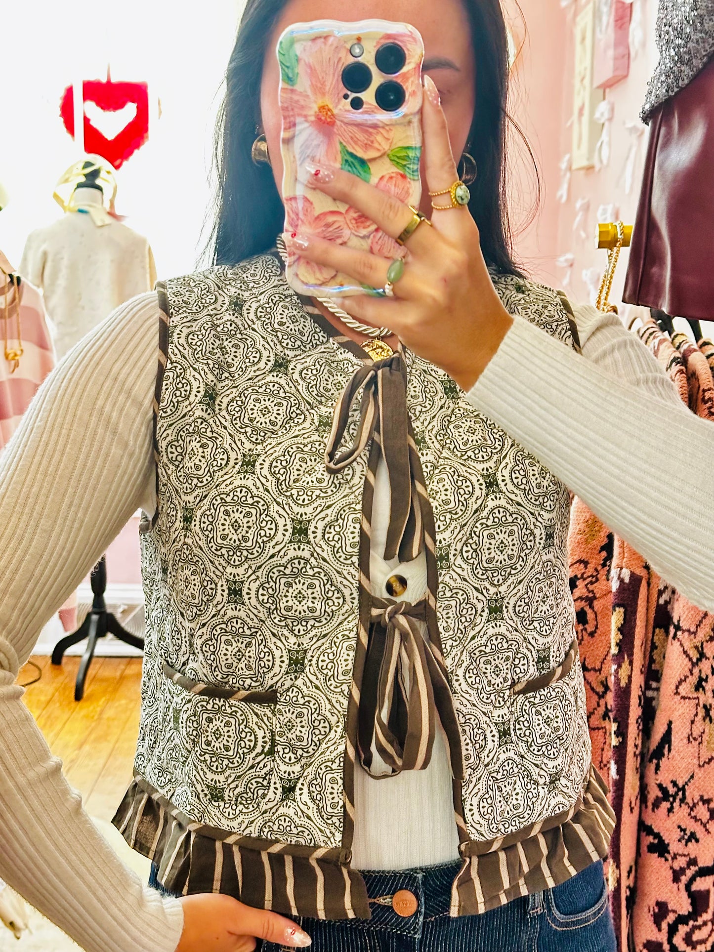 Olive Quilted Print Ruffle Vest