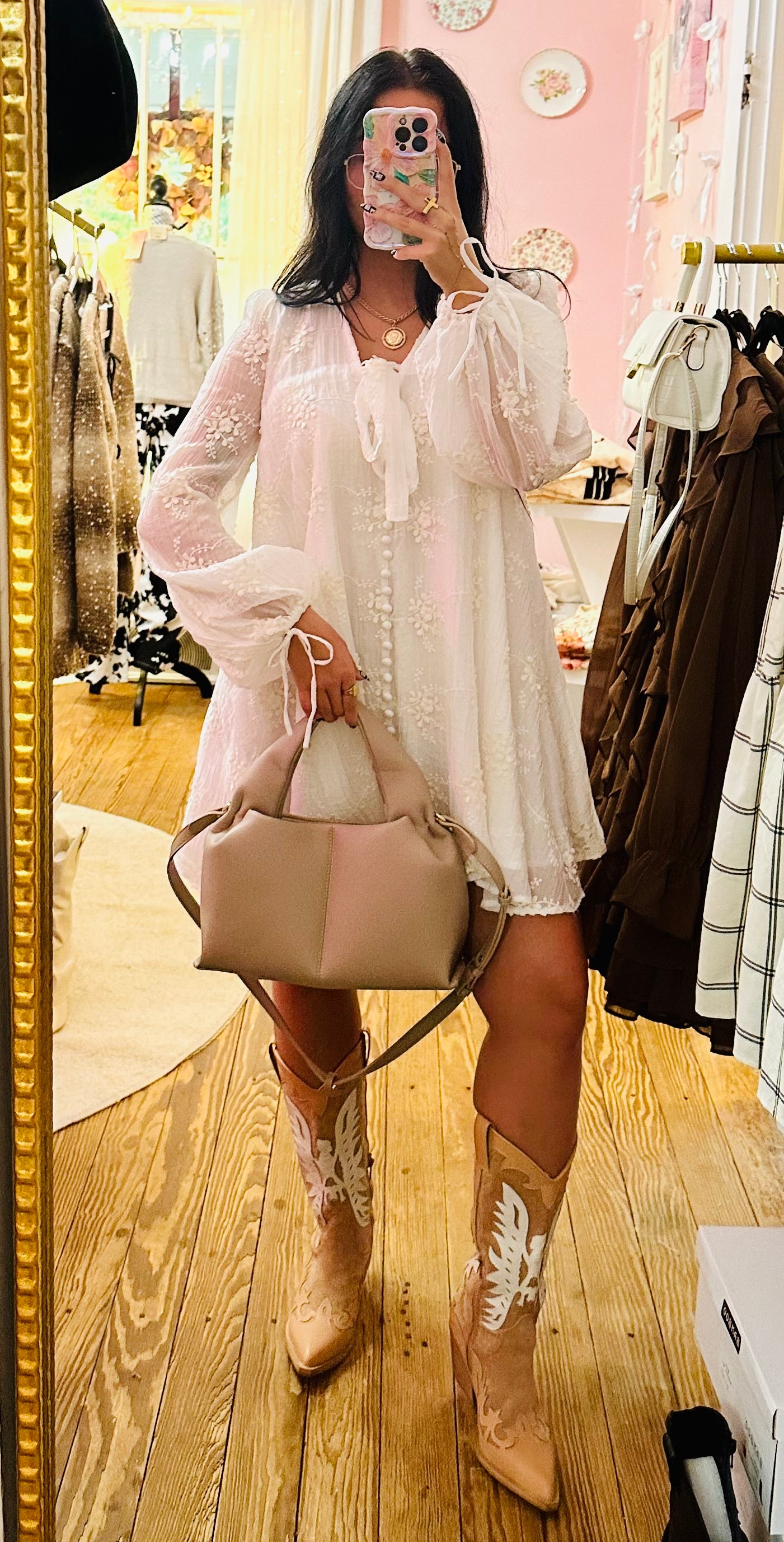 Embroidered Long Sleeve Babydoll Mini Dress