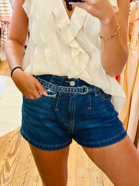 Risen-Buckle Up Denim Shorts