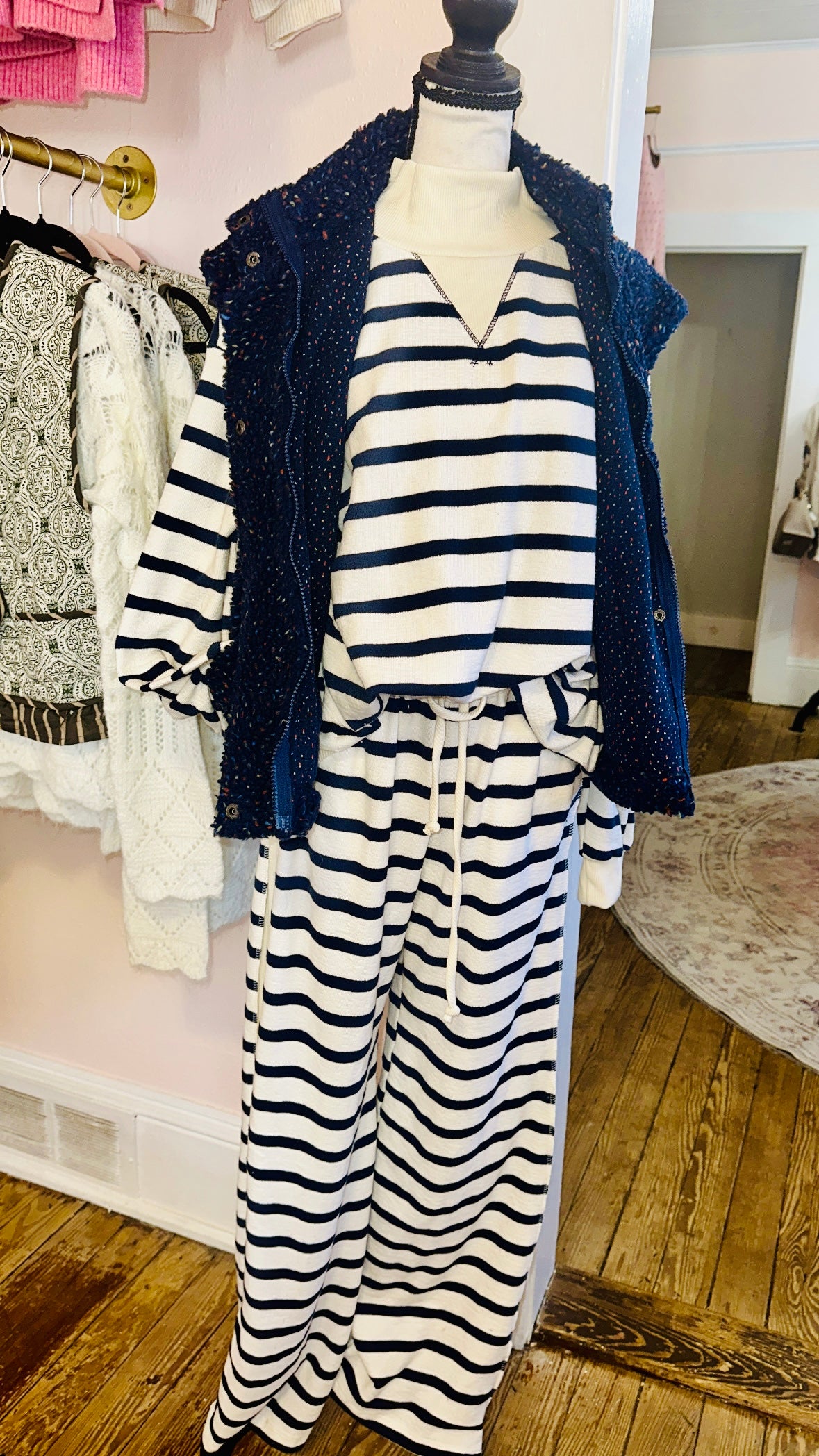 Navy & Cream Striped Drawstring Sweatpants