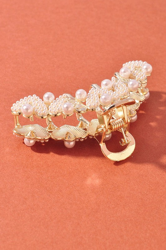 Gold Pearl Heart Claw Clip