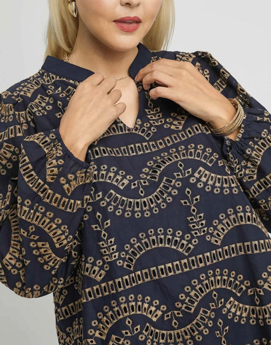 PLUS-Eyelet Long Sleeve Top