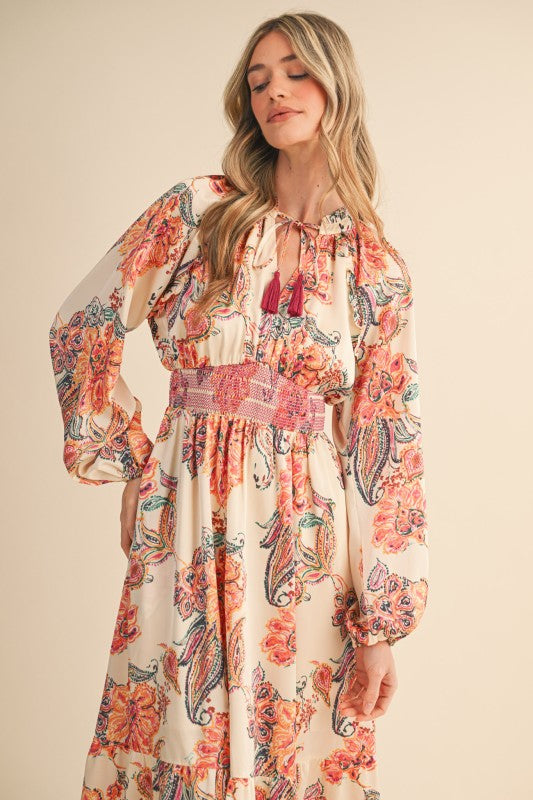 Golden Grace Smocked Midi Dress