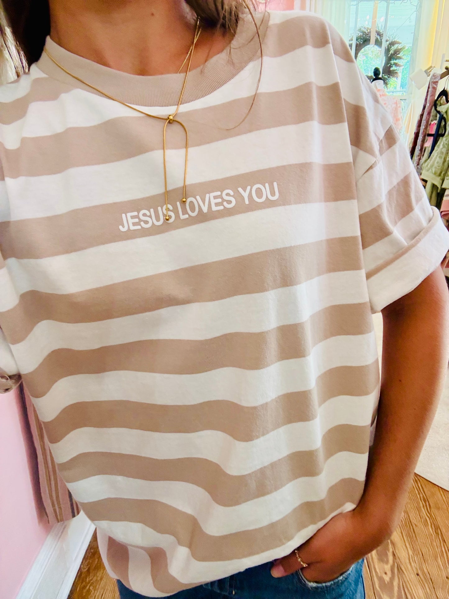 “Jesus Loves You” Stripe Graphic Tee