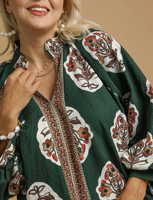 PLUS-Boho Floral Print Tunic Top