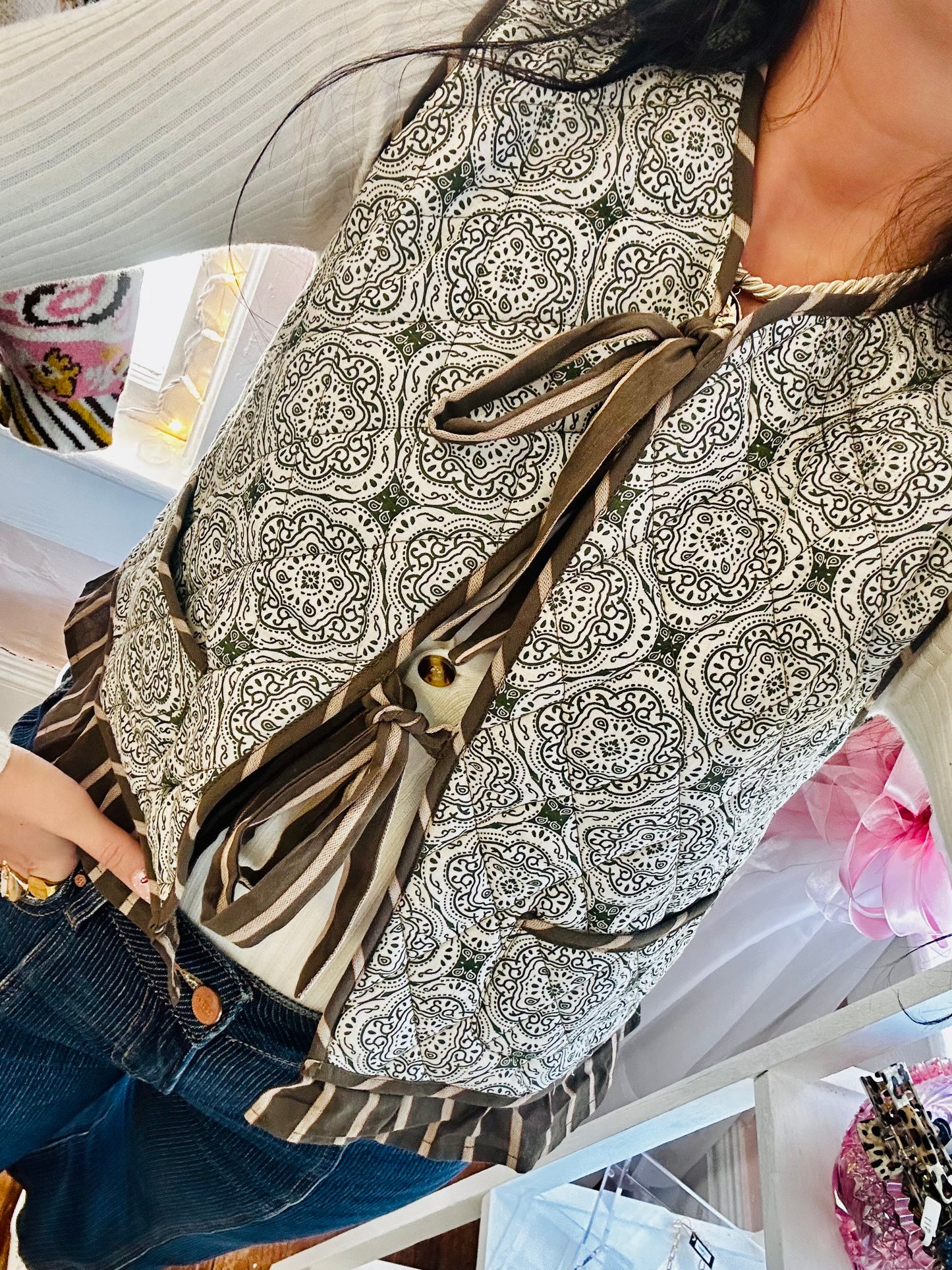 Olive Quilted Print Ruffle Vest