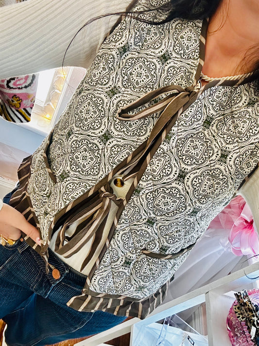 Olive Quilted Print Ruffle Vest