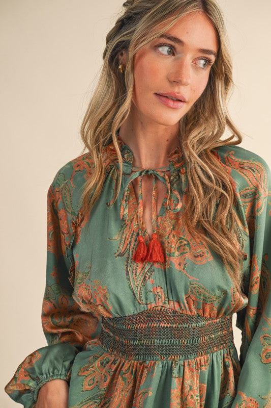 Golden Grace Smocked Midi Dress