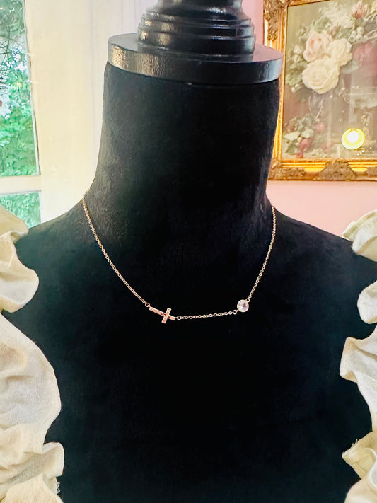 Clear Crystal Side Cross Necklace