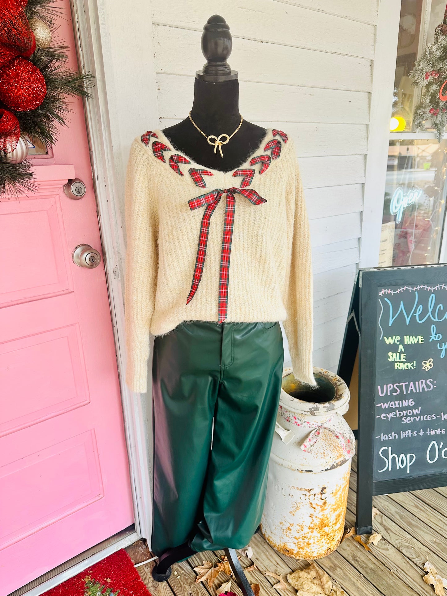 Christmas Plaid Ribbon Sweater