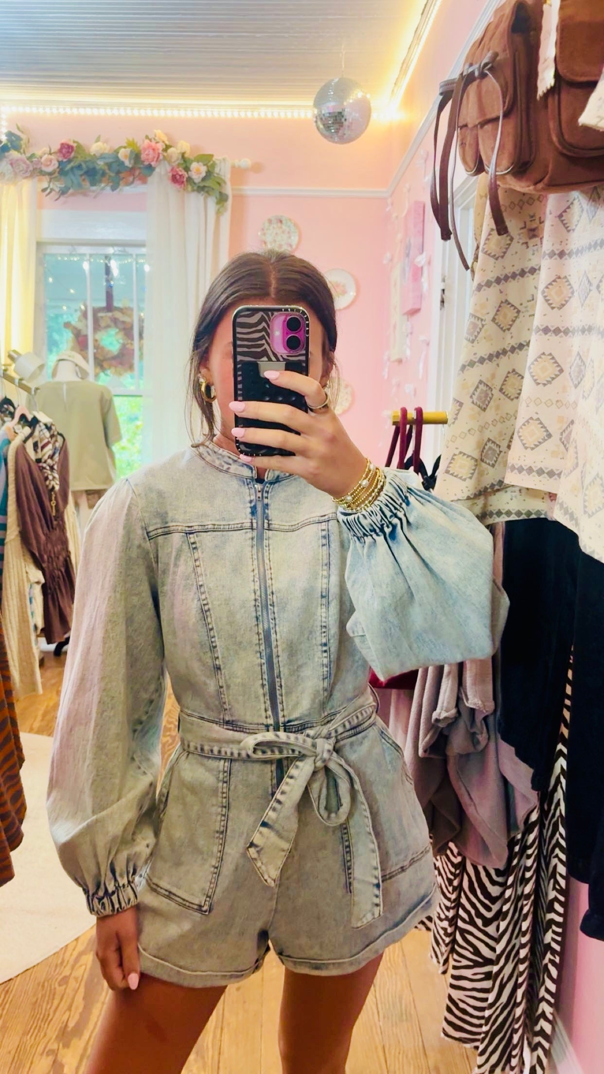 Front Zip Up Washed Denim Romper