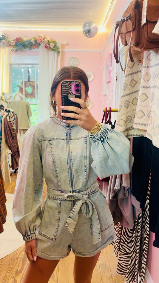 Front Zip Up Washed Denim Romper