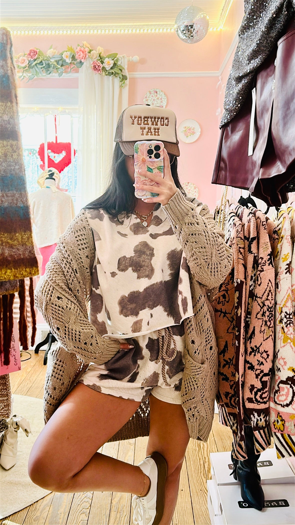 Cow Print Drawstring Waist Shorts