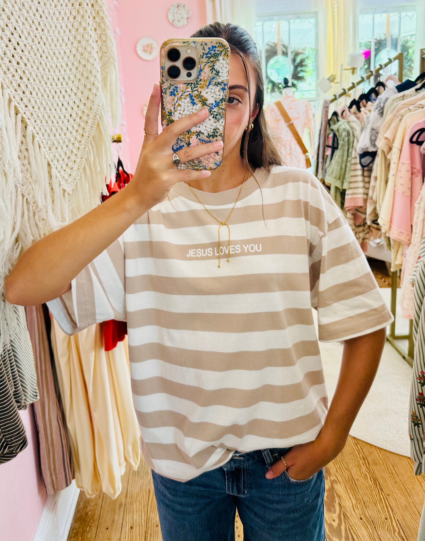 “Jesus Loves You” Stripe Graphic Tee