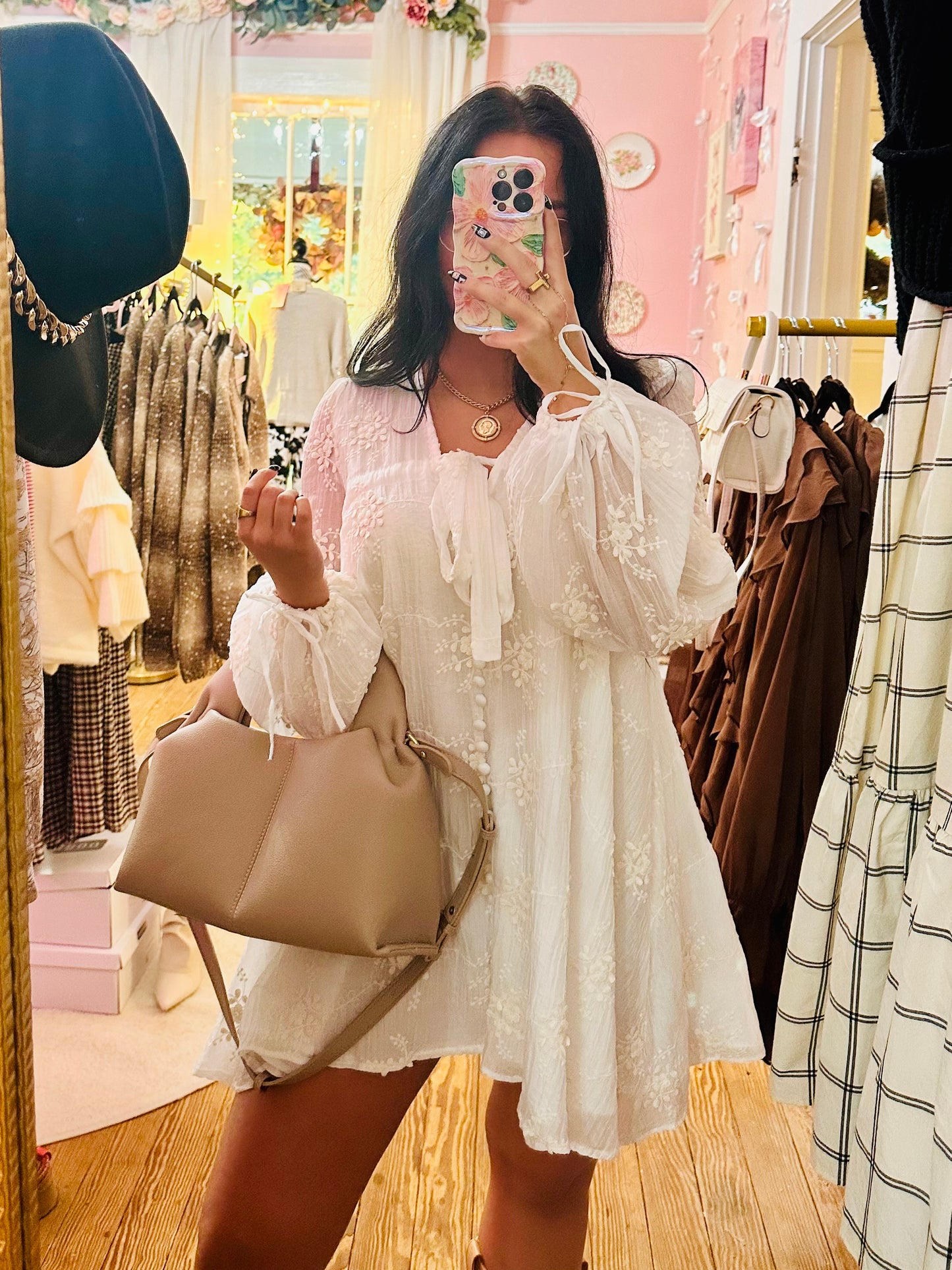 Embroidered Long Sleeve Babydoll Mini Dress