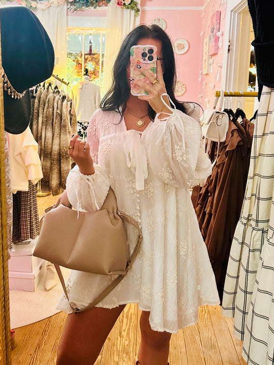 Embroidered Long Sleeve Babydoll Mini Dress