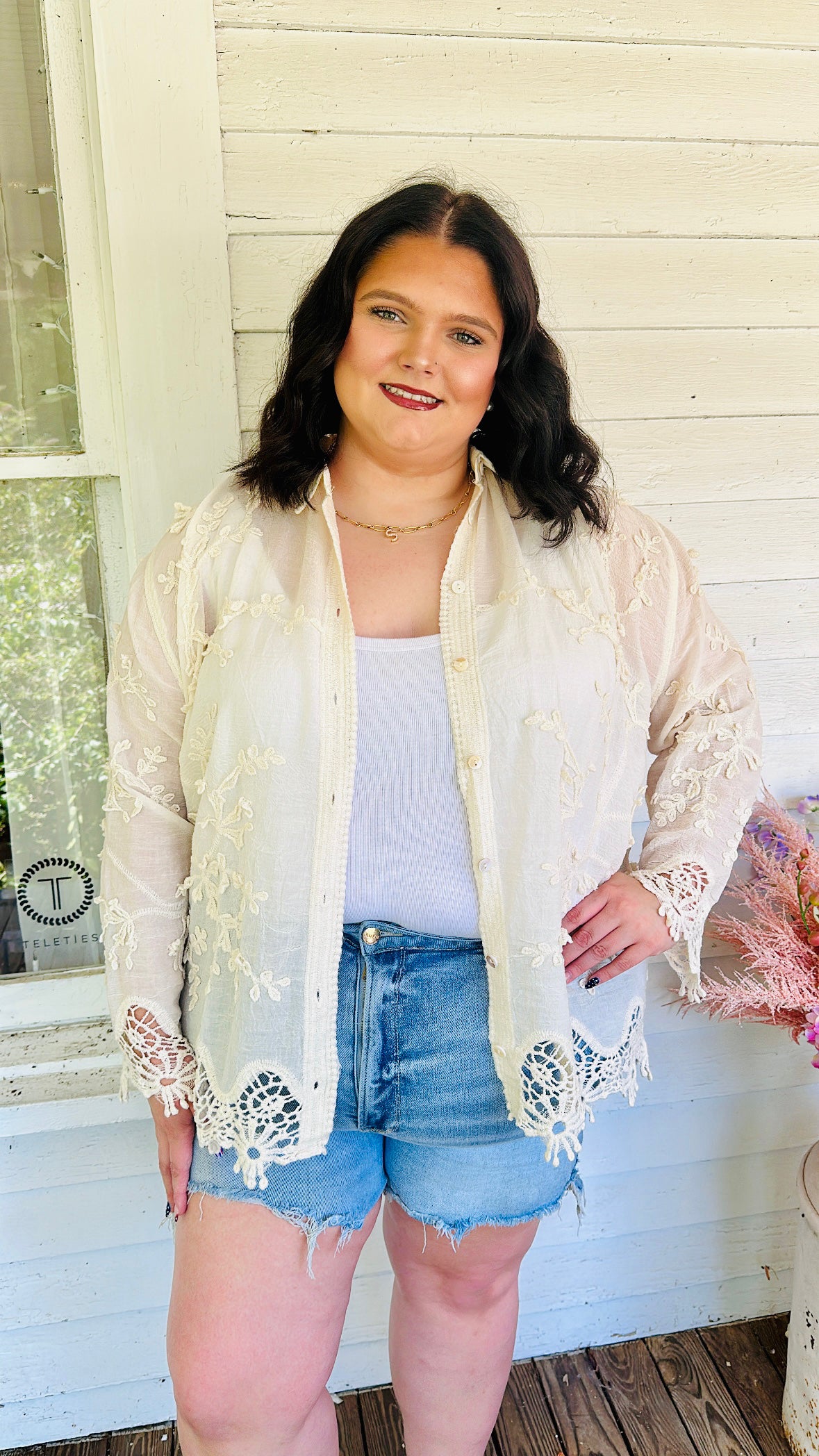 PLUS- Softly Styled Lace Button Up