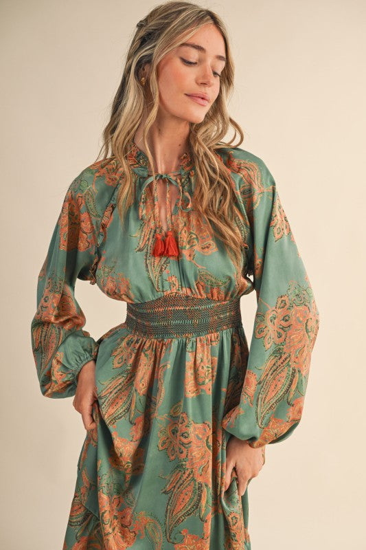 Golden Grace Smocked Midi Dress