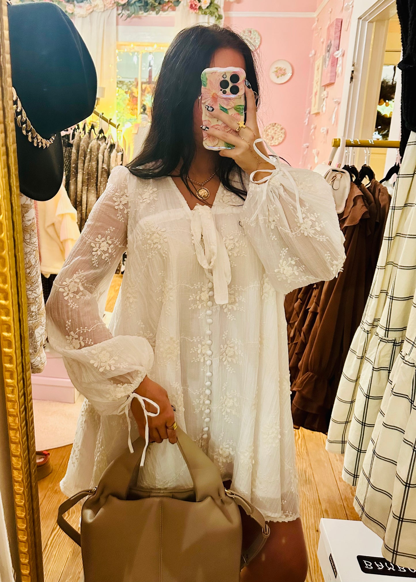 Embroidered Long Sleeve Babydoll Mini Dress