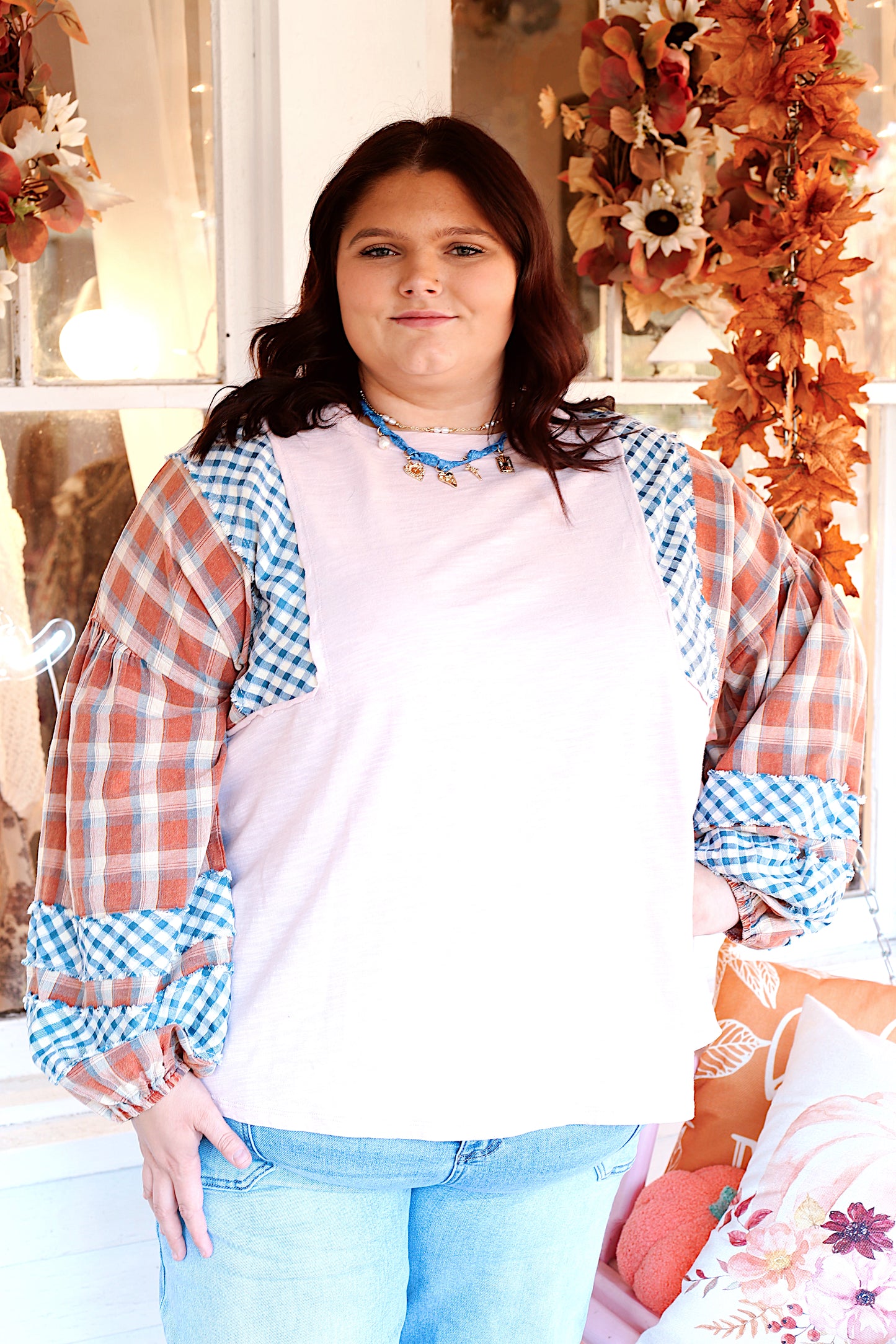 PLUS-Mixed Plaid Top