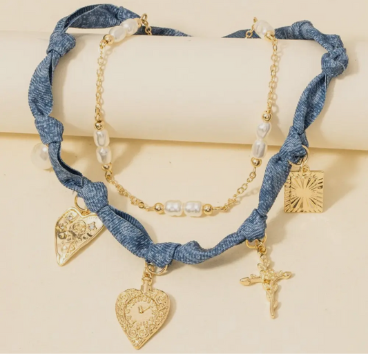 Layered Denim Scarf Necklace